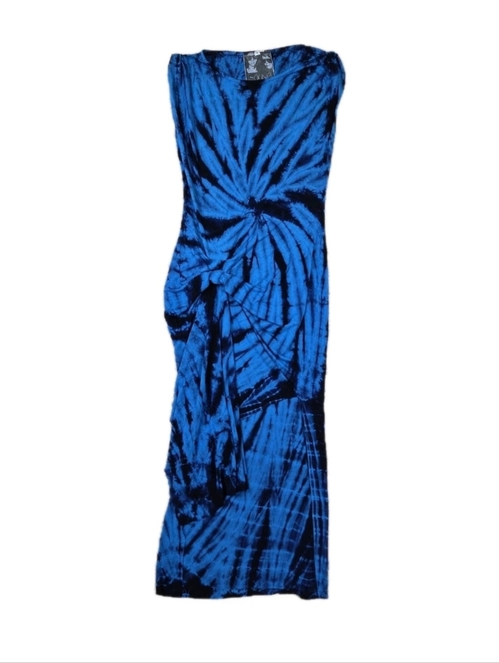 Young Fabulous Broke Tie Dye Midi Dress Blue Black Sleeveless Stretch Asymmetric
